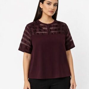 Forever 21 Burgundy Sheer Panel Short Sleeve Blouse Medium